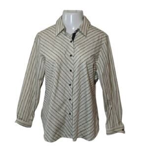 Foxcroft Cream Shaped Fit Pinstripe Button Up Stretch Career Top 16 Wrinkle Free